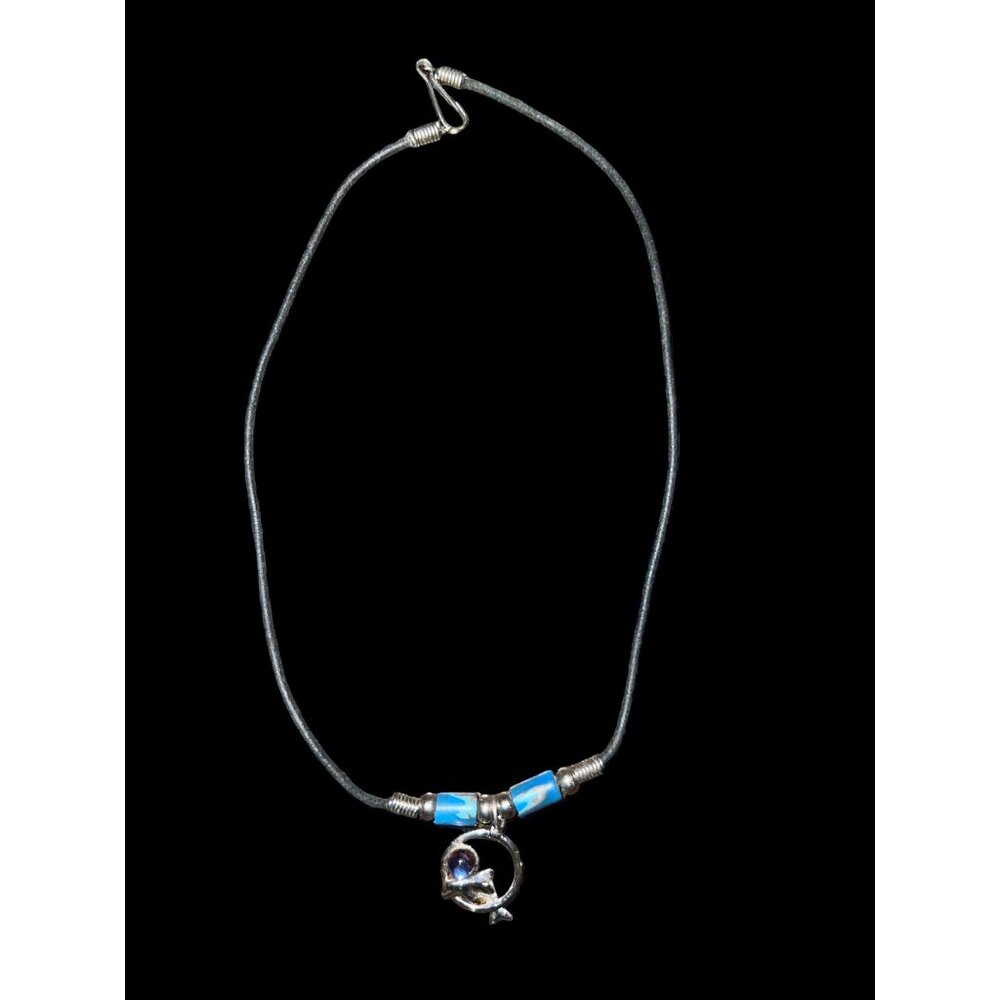 Y2K Dolphin Pendant Necklace W‎ Blue Beads & Blue Stone Black Leather Cord 18”